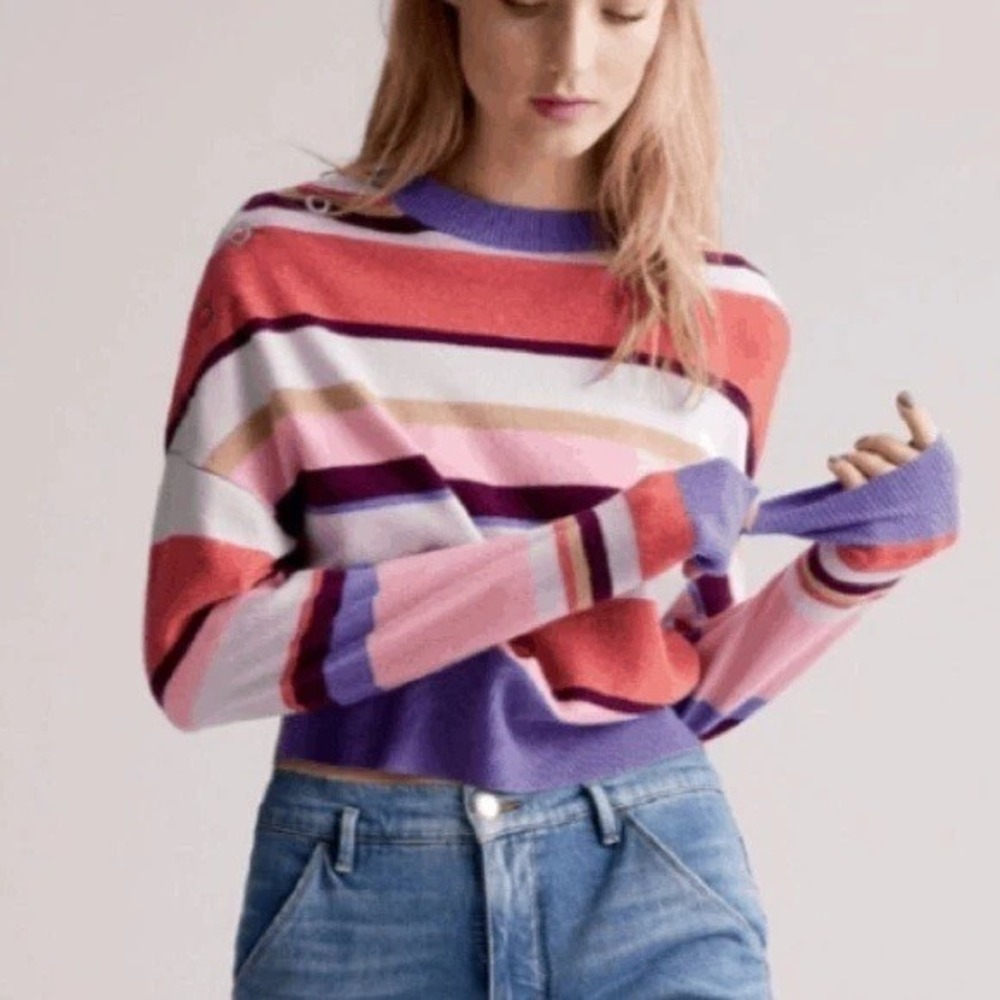 Lewit Cashmere Striped Sweater Pink Blue Purple Medium Preppy Academia Dopamine